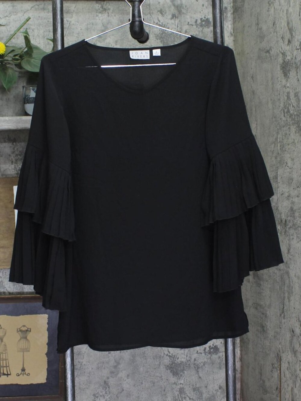 Joan Rivers Women's V-Neck Top with Pleated Sleeves A309574 Black 2